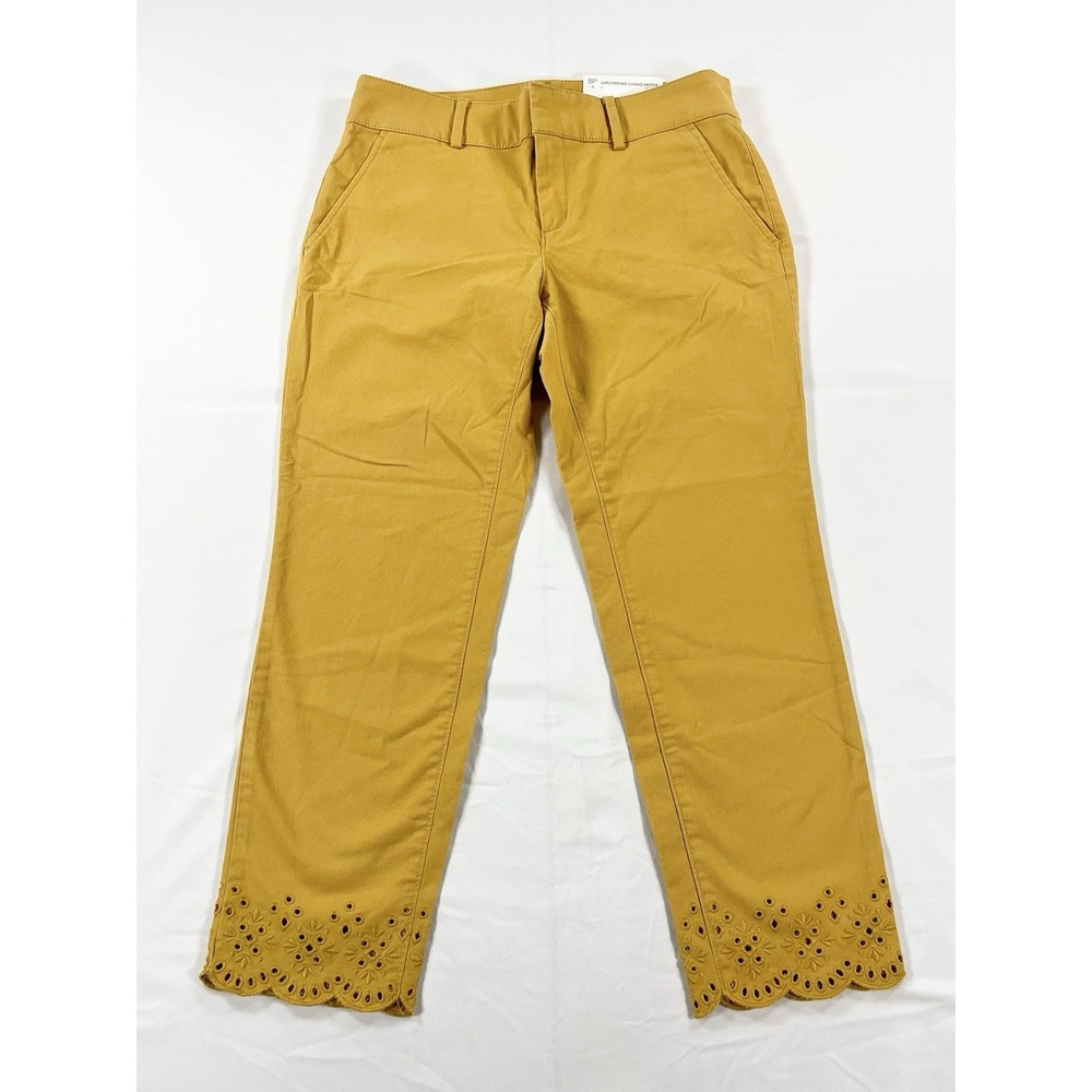 LOFT Petite 8P Chino Pants Eyelet Lace Scalloped Hem Mustard Yellow Girlfriend